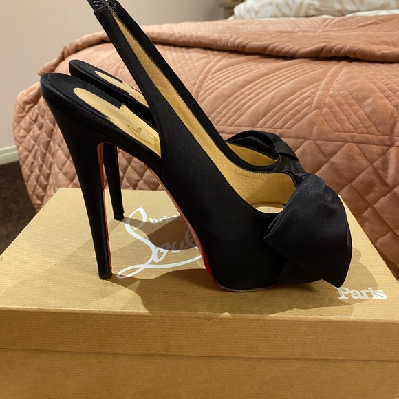 💯 Authentic Christian Louboutin black satin Bow Slingback Platform heel 38.5 - Picture 2 of 9